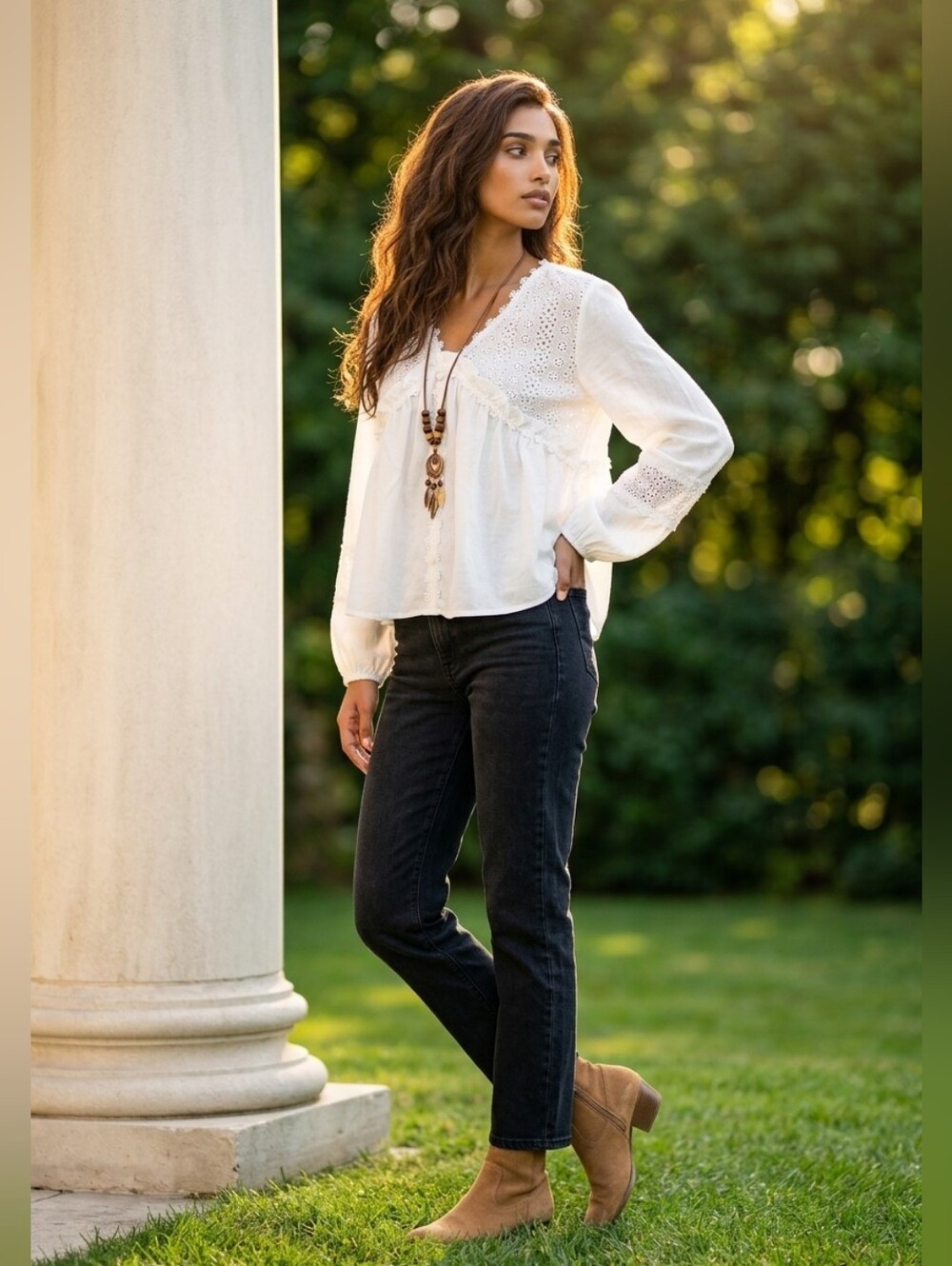 White Lace Yoke Boho Peasant Top - Picture 13 of 13